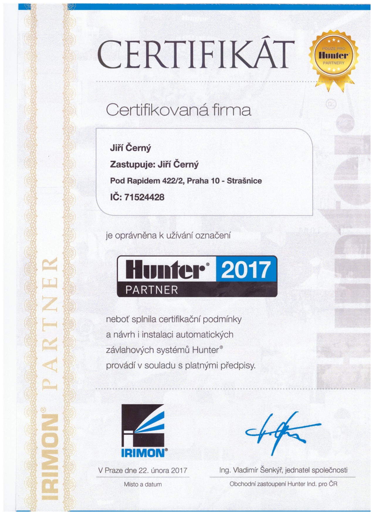 Certifikát Hunter partner 2017